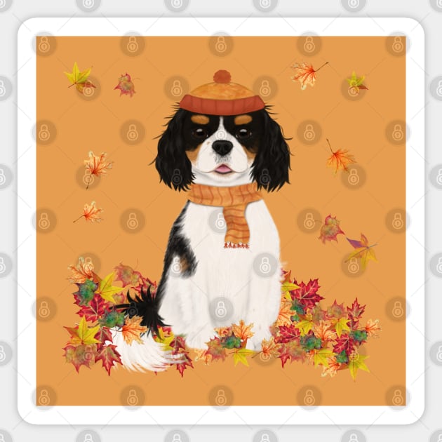Tri Cavalier in Fall Leave, Tri Colored Cavalier King Charles Spaniel Sticker by Cavalier Gifts